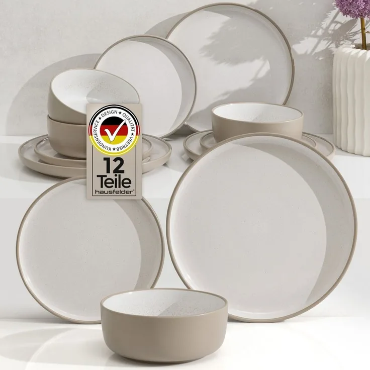 Hausfelder Geschirr-Set Tafelservice 4 Personen Geschirrset Steingut 12teilig Nordic Sand (12-tlg), 4 Personen, Steinzeug, spülmaschinen- & mikrowellengeeignet, Reaktivglasur