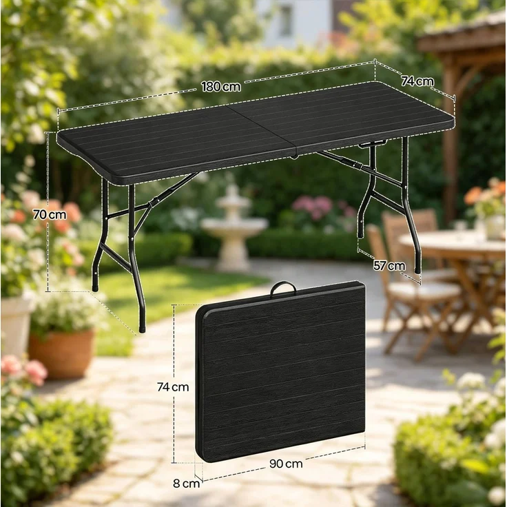 Klapptisch 180 x 74 x 70 cm in Schwarz – faltbarer Gartentisch aus HDPE und Metall für 8 Personen – Bild 5