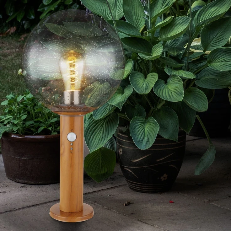 Sockelleuchte, Glaskugel, Holzoptik, Bewegungsmelder, H 38 cm – Bild 6