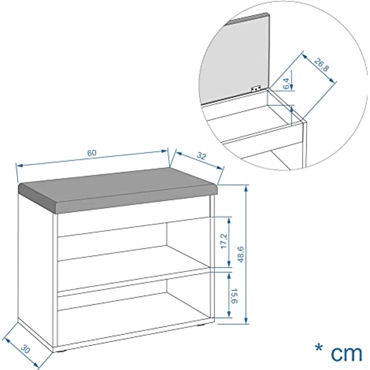 KOMTO Schuhschrank Schuhbank mit Sitzfläche - Schuhregal Bank mit Stauraum Sofia Beton 60 x 48 x 32 cm – Bild 4