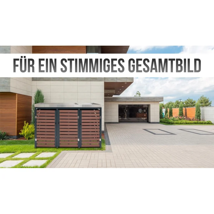 3er Mülltonnenverkleidung HWC-K14, Mülltonnenbox mit Pflanzkasten, 124x200x84cm WPC Edelstahl 107kg ~ Teak-Optik – Bild 3