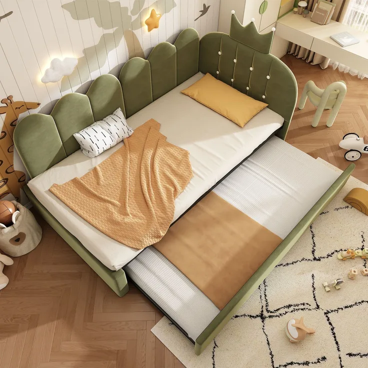 90×200 cm Samt-Sofabett mit Ausziehbett, ausziehbar zu 90×190 cm Einzelgästebett, grüne L-Form, Niedliches Kronen-Gitter-Design, platzsparend, ideal für Kinder- & Gästezimmer, ohne Matratze--Grün--203x98x95cm--YOUDENOVA