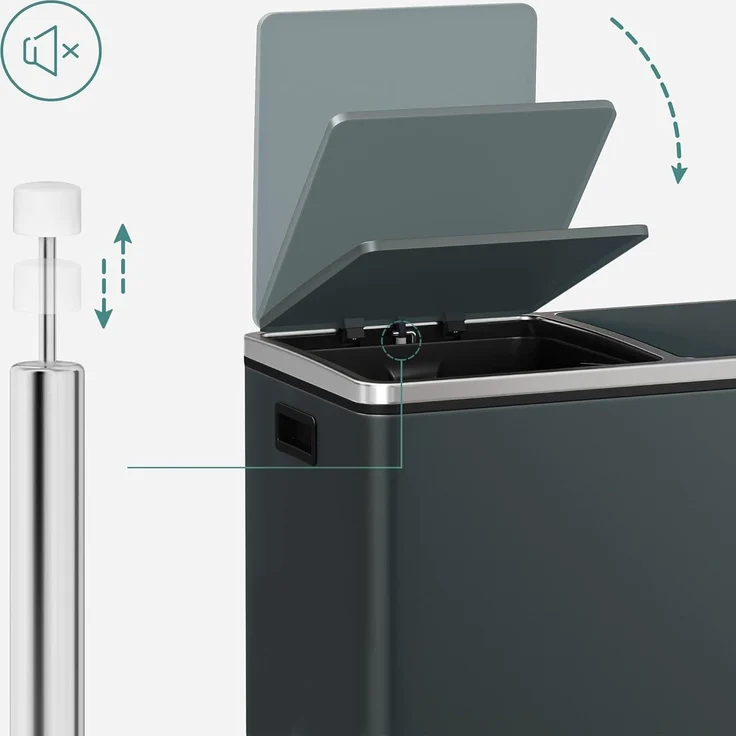 Songmics Mülleimer mit 2 Fächern und Softclose, luftdicht inkl. Müllbeutel, Metall, 60 (2x30) Liter, Rauchgrau – Bild 4