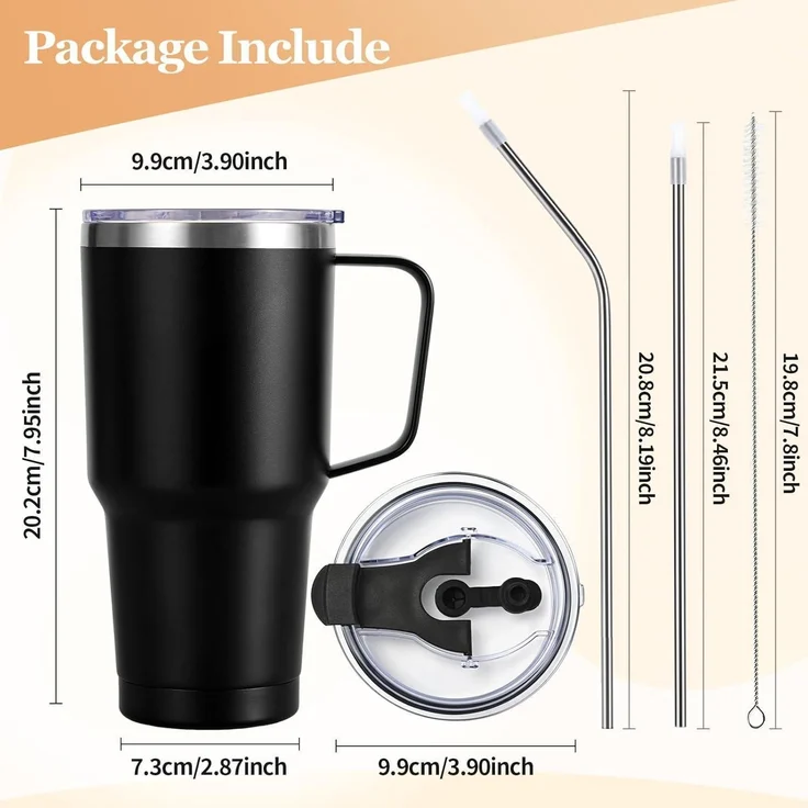 Livole 30oz 900ml Doppelwandiger Thermobecher mit Strohhalm Henkel Schwarz – Bild 7