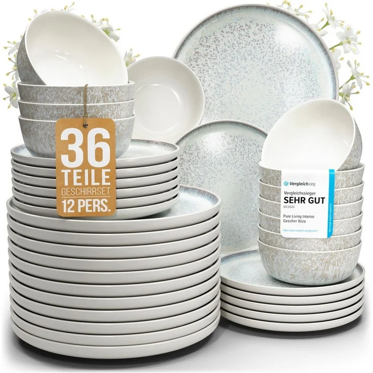 PURE LIVING INTERIOR DESIGN Geschirr-Set Ibiza aus Steingut, 36-tlg, für 12 Personen, Beige (36-tlg), 12 Personen, Steingut – Bild 1