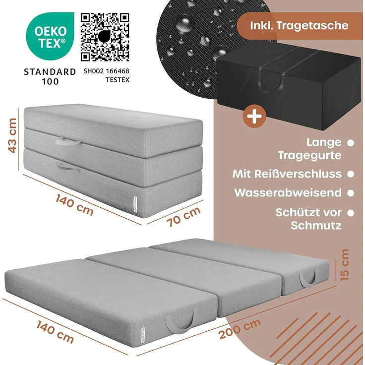 KESSER® Klappmatratze, 3-fach faltbar zum Sitzhocker, Schaumstoff 25kg/m³, extra dick 15cm, atmungsaktiv, waschbar, abnehmbarer Bezug, Matratze inkl. Camping Tragetasche Grau, 140 x 195 x 15 cm – Bild 2