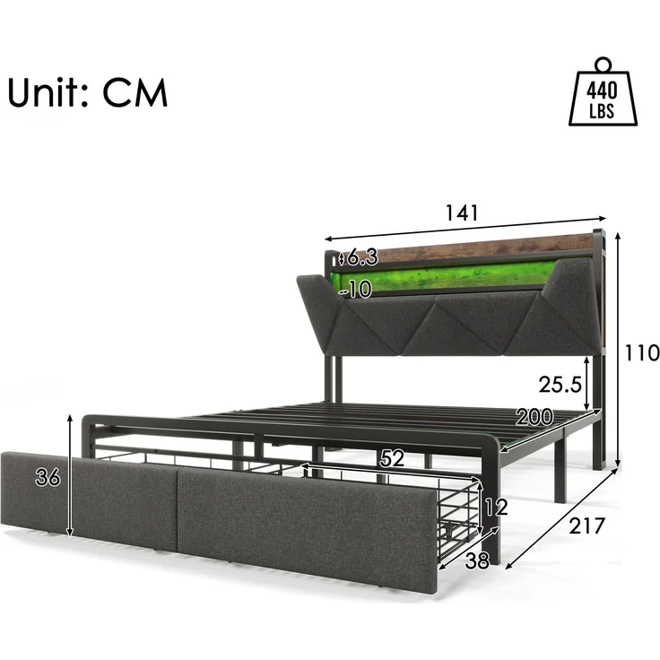 EINHOM Polsterbett mit USB Typ C Ladefunktion Stauraum-Kopfteil und LED-Beleuchtung und Schubladen, Doppelbett 140x200 Cmstauraumbetten Bettgestell mit Lattenrost aus Metallrahmen, Grau, (Ohne Matratze) – Bild 2