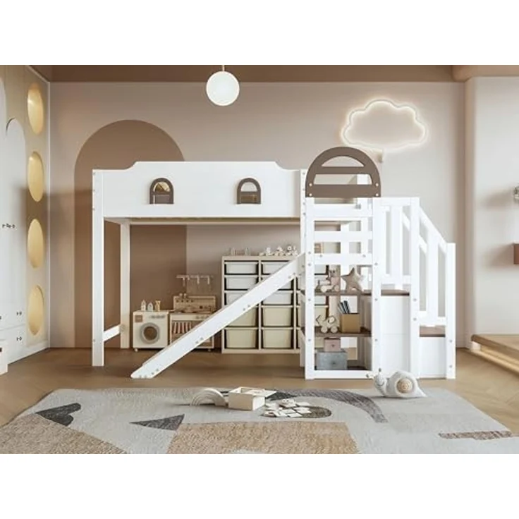 Ball & Cast Kinderbett (90x200cm) Hochbett mit Kinderrutsche und Treppe, Einzelbett aus Holz mit Gitter und 2 Schließfächer, Weiß – Bild 3