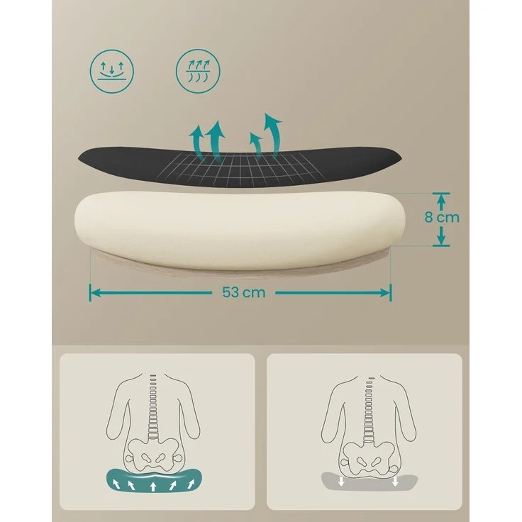 SONGMICS Bürostuhl ergonomisch, Schreibtischstuhl, Drehstuhl mit Mesh, gepolsterte Lendenstütze, Wippfunktion, 53 cm große Sitzfläche, klappbare Armlehnen, Kopfstütze, tintenschwarz OBN047B01 – Bild 6