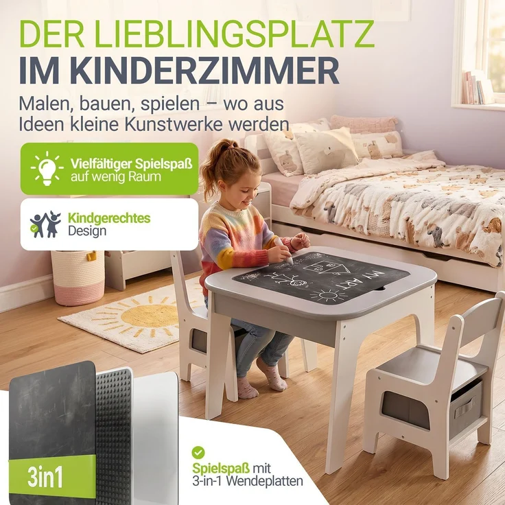 Juskys 'Milou' Kindersitzgruppe - Set mit 2 Stühlen & 1 Tisch, mit Stauraum, Holz, Grau – Bild 7