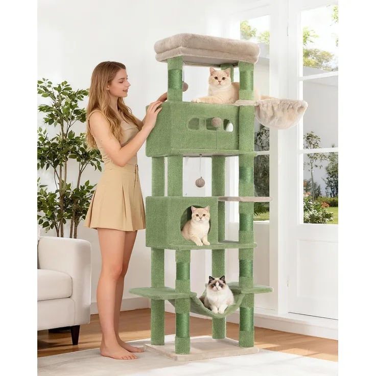 Kratzbaum groß, 170 cm hoch, Katzenbaum, mit 8 Kratzbäume, 2 Höhlen, groß Plattformen, Waschbare Matte, Hängematte, Plüschbälle, mehrstöckiger katzenkratzbaum, Grün Braun