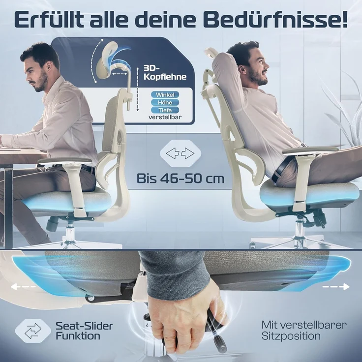 CLOUVOU ProSeat Bürostuhl Ergonomisch [TESTSIEGER] Schreibtischstuhl 100% individuell einstellbar | Büro Stuhl & Gaming Stuhl | Computerstuhl Home Office Chair Ergonomic | Drehstuhl 150 kg – Bild 3