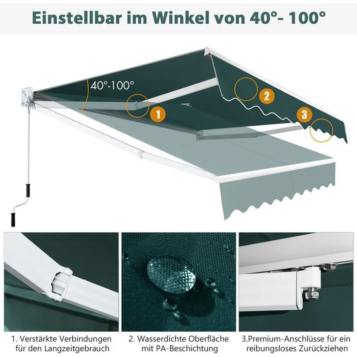 COSTWAY Gelenkarmmarkise mit Aluminiumrahmen und -kurbel, 2,5 x 2m – Bild 3