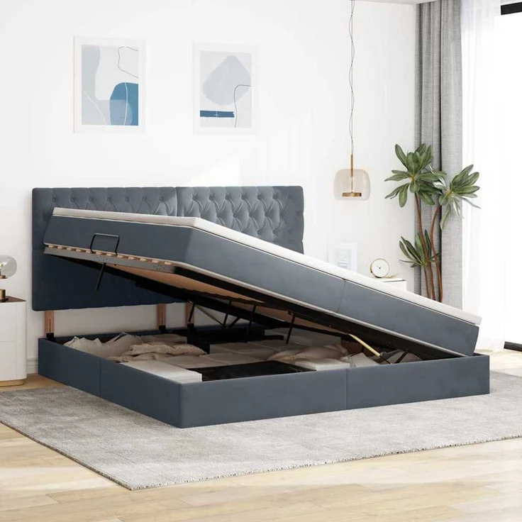 vidaXL Aufbewahrungsbett mit Matratze Dunkelgrau 200 x 200 cm Samt 3372112 – Bild 4