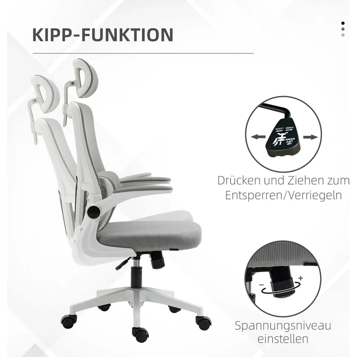 Bürostuhl ergonomisch höhenverstellbar Schreibtischstuhl mit Armlehnen, Kopfkissen, Wippfunktion und Lendenstütze, Mesh Grau für optimalen Komfort--Grau--60x59x122cm--YOUDENOVA – Bild 5