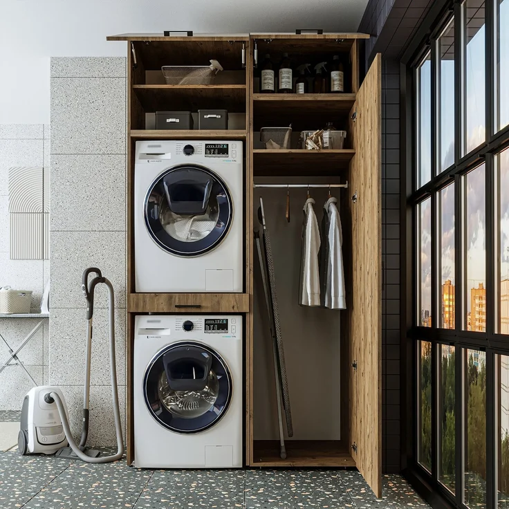 Roomart Waschmaschinenschrank & Trocknerschrank – SERIE DUO-I- 127 cm breit - Trockner auf Waschmaschine – Waschturm / Überbauschrank für Waschküche & Hauswirtschaftsraum • Eiche – Bild 7