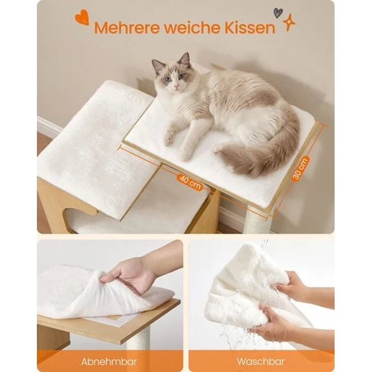FEANDREA Kratzbaum, Kletterbaum für Katzen, mit Liegeflächen und Höhle, Sisal-Kratzmatte, Plüschkissen, 86 cm, gelb – Bild 3