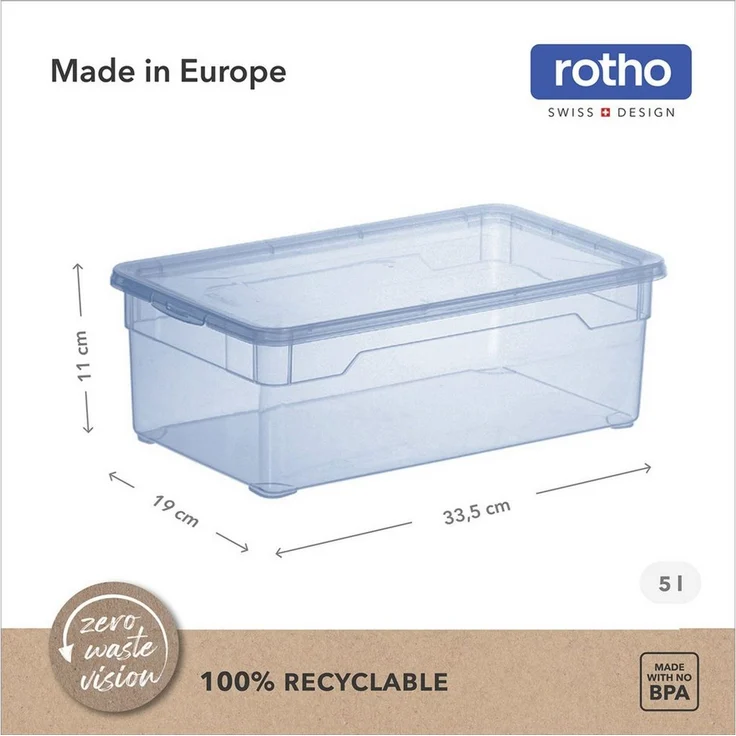 Rotho CLEAR Box 6er-Set Aufbewahrungsbox 5 l mit Deckel, platzsparend stapelbar 40 x 33,5 x 17 cm, transparent blau – Bild 4