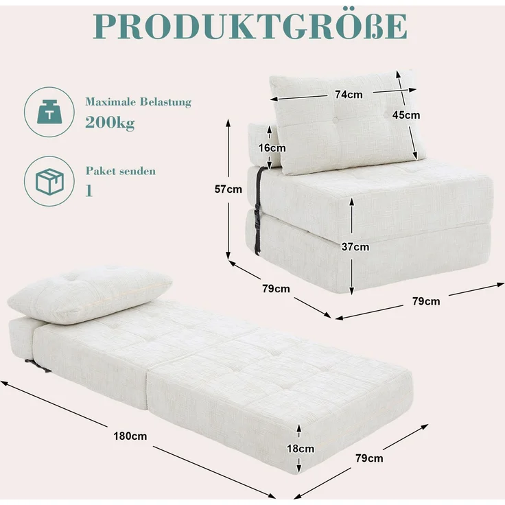 Klappsofa Bett mit Kopf- & Lendenkissen, multifunktionales Schlafsofa, 2-in-1 Faltsofa mit hochdichtem Schaumstoff,Beige – Bild 10