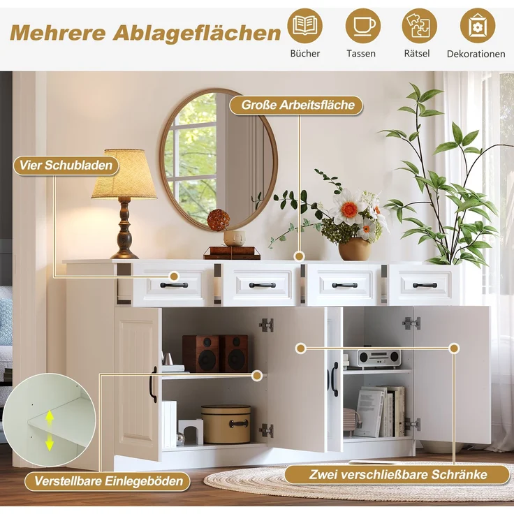 DESVIAE Sideboard mit 4 Schubladen und 4 Türen 160x80x35 cm MDF Weiß – Bild 5