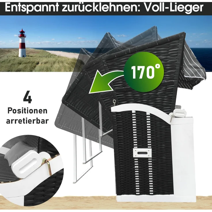 'Brast' 3-Sitzer Strandkorb gestreift XXL inkl. Schutzhülle, Poly-Rattan anthrazit/grau, 160 cm – Bild 4