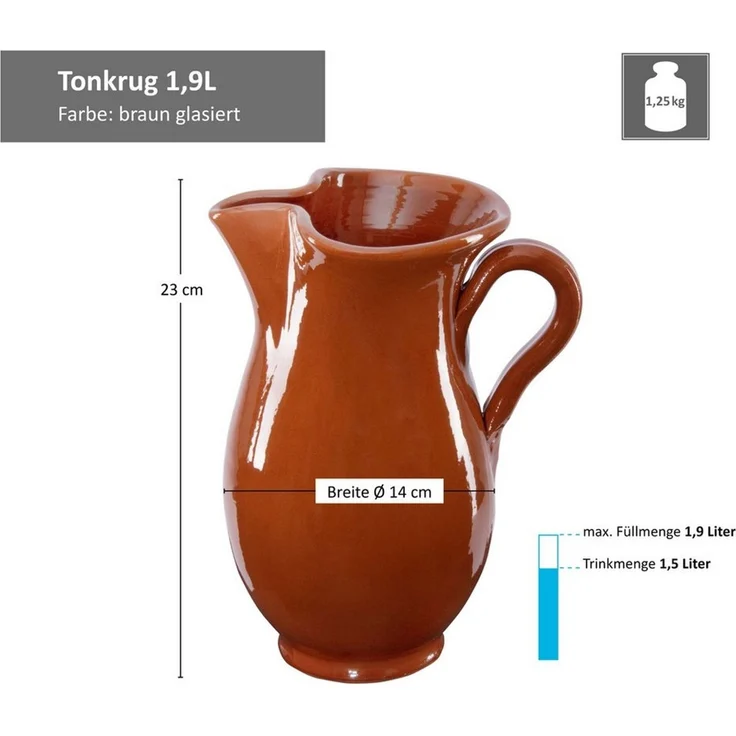 MamboCat Karaffe 7tlg.-Set: Tonkrug 1.9L + 6 Tonbecher 175ml Ton-Geschirr rotbraun – Bild 2