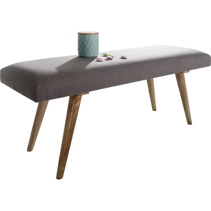 Wohnling Sitzbank SILAM Stoff / Massivholz Bank grau 117 x 51 x 38 cm im Retro Stil | 2er Polsterbank Flur | Gepolsterte Stoffbank Esszimmer braun | Kleine Bettbank Baumwolle | Flurbank Dielenmöbel schmal