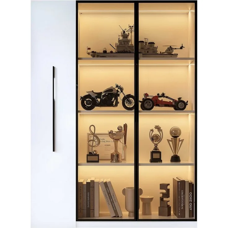 BlingBin Stauraumvitrine Multifunktionsschrank Glasvitrine (1-St, Bücherregal mit LED-Vitrine & seitlichem Auszugsschrank auf Rollen) Soft-Close-Scharniere, Warmgelbe Beleuchtung, 110,5×35×160 cm