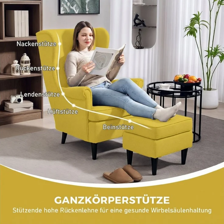 HOMCOM Relaxsessel Ohrensessel, Sessel mit Leinenoptik, Lendenkissen, Loungesessel (Set, 2-St, bestehend aus Sessel und Hocker), für Wohnzimmer Schlafzimmer Gelb – Bild 4