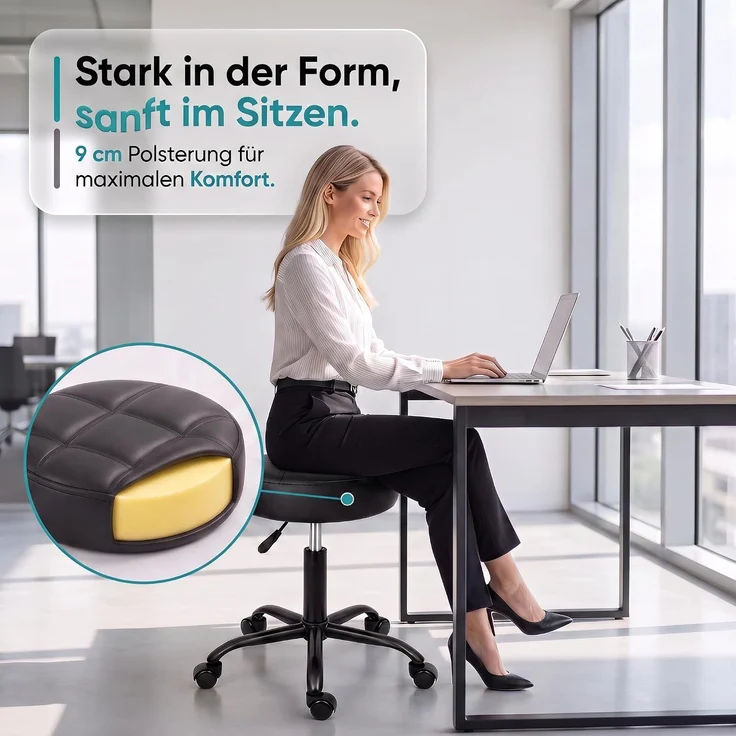 Movaro Rollhocker mit Metall-Basis und leisen Softrollen [Neues Modell] - höhenverstellbar, 360° drehbar, kratzfrei und stabil - ergonomischer Hocker mit Rollen | Arbeitshocker | Bürohocker 44x44x50-63 cm [Schwarz] – Bild 6