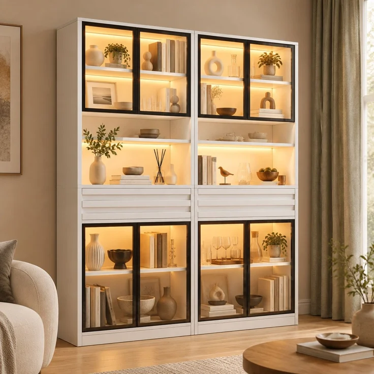 Vitrinen-Set aus MDF, 2 Stück je B 80 x T 35 x H 200 cm, weiß, mit Glastüren und LED-Beleuchtung – Bild 3