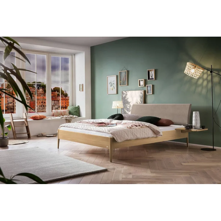 Hasena Bett Sestola Eiche bright mit gepolstertem Kopfteil, Bezug Pace Sand 140x200 cm, Fußhöhe 20 cm – Lounge – Bild 2