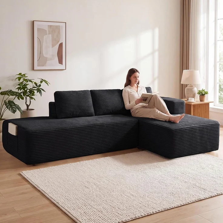 COMHOMA Ecksofa mit Schlaffunktion, 255cm Corduroy Modulares Boneless Couch mit Chaiselongue & Rücken-Metallgestell, L-Form Schlafsofa mit offenem Design, Kissen & Seitentaschen,für Wohnzimmer,Schwarz-L – Bild 5