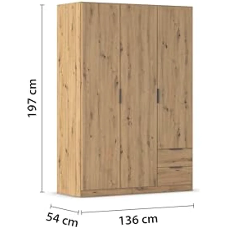 Rauch Möbel Lagoa, Kleiderschrank, Garderobe für Schlafzimmer, Kinderzimmer, Jugendzimmer 3-türig, 2 Schubladen, mit Zubehör Premium, Farbe Eiche Artisan, Holz, Breite 136 – Bild 4