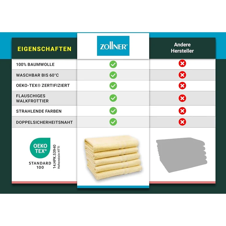 ZOLLNER 5er Set Duschtücher, 70x140 cm, 100% Baumwolle, gelb – Bild 6