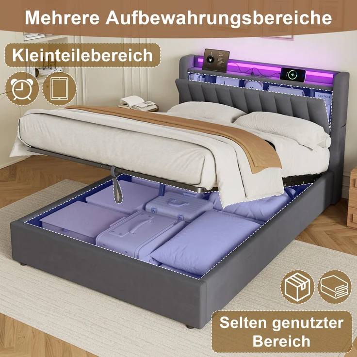 Polsterbett 140 x 190 cm aus Samt mit integriertem Stauraum, USB-Anschluss und LED-Beleuchtung, Dunkelgrau – Bild 10