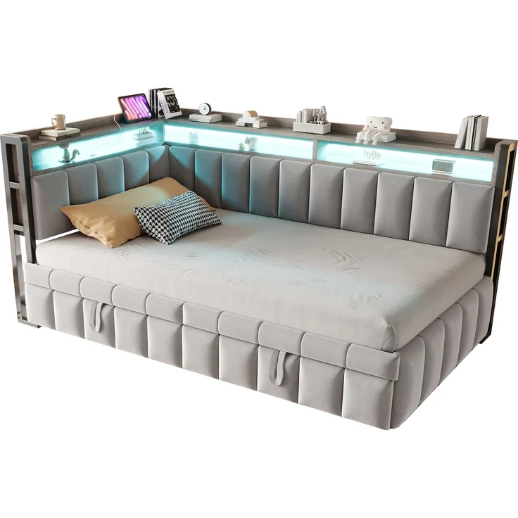 Merax Einzelbett, 90x200cm Polsterbett, Schlafsofa, mit Ausziehbett, LED-Beleuchtung und Ablagefächern am Kopf- und Fußende, Ausgestattet mit USB- und Typ-C-Anschlüssen, Samtstoff Hellgrau – Bild 10