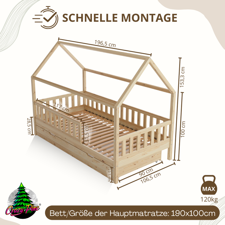 Crazy Pine 'Crazy Blanco' Hausbett mit Rausfallschutz, Skandinavisches Design, Naturholz, Natur, 100x190 cm, mit Ausziehbett – Bild 2