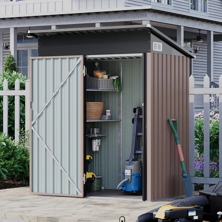 Aoxun Metall Gerätehaus mit Boden & 2 verstellbaren Einlegeböden, 150x91 x 185 cm, Outdoor-Schuppen, mit Lüftungsschlitz und Schiebetür, Werkzeugaufbewahrung, Fahrradschuppen, für Terrasse, Rasen, Braun – Bild 8