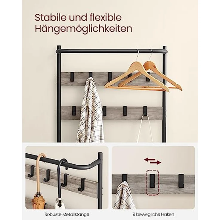 VASAGLE Garderobenständer, Garderobe mit Schuhbank, Kleiderständer, Kleiderstange, 9 abnehmbare Haken, 32,2 x 64 x 180 cm, Industrie-Stil, für Flur Schlafzimmer, Greige-schwarz HSR411B02 – Bild 6