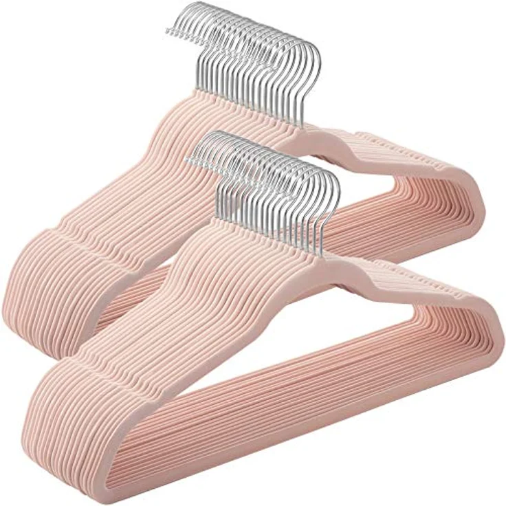 SONGMICS Kleiderbügel Samt, 50er Set, Jackenbügel, 41,5 cm breit, Anzugbügel, dünn, gut belastbar, um 360° drehbarer Haken, für Mäntel, Hemden und Anzüge, Rosa-Silber CRF026P03 – Bild 2