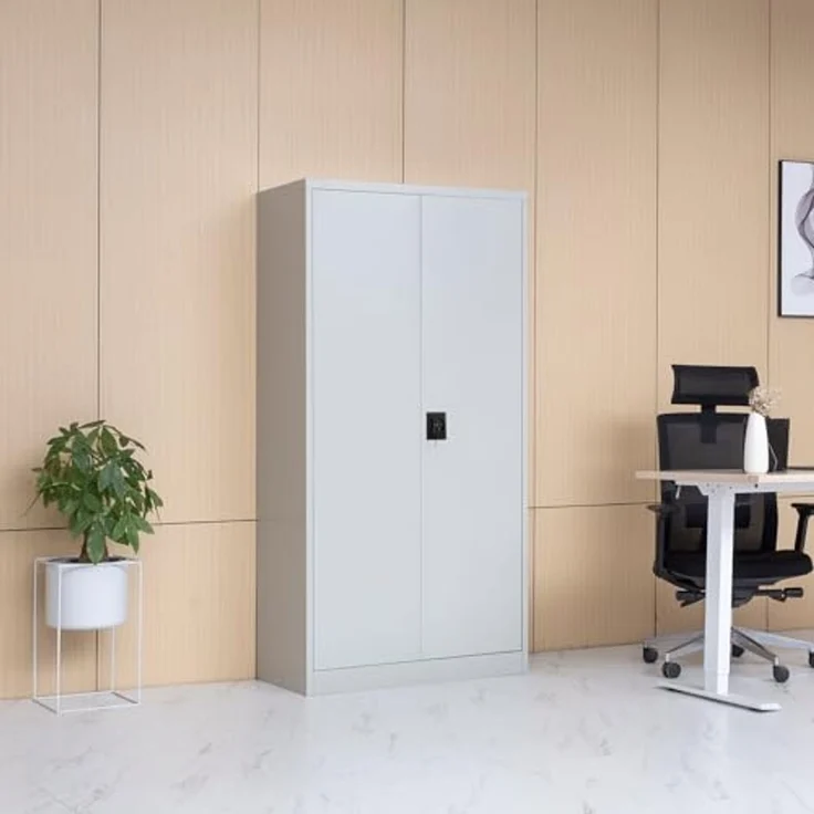 BISLEY Flügeltürenschrank Toolless, 4 Lackierte Fachböden, H 1850 x B 900 x T 400 mm, Werkzeuglose Selbstmontage, 5 OH, Lichtgrau, Abschließbarer Aktenschrank – Bild 6