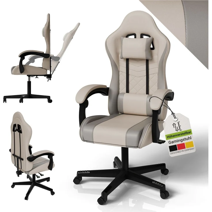 Juskys Gamingstuhl HyperSeat, verstellbare Rückenlehne, höhenverstellbarer Drehstuhl, Kunstleder, ergonomisch, für Büro & Gaming Setup – Beige/hellgrau – Bild 1
