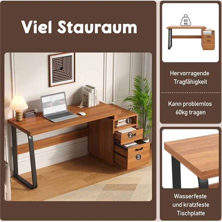 Flieks Schreibtisch 161 x 54 x 76.4 cm mit offenem Ablagefach, geräuscharmer Schublade und Stahlgestell, Walnussfarben – Bild 7