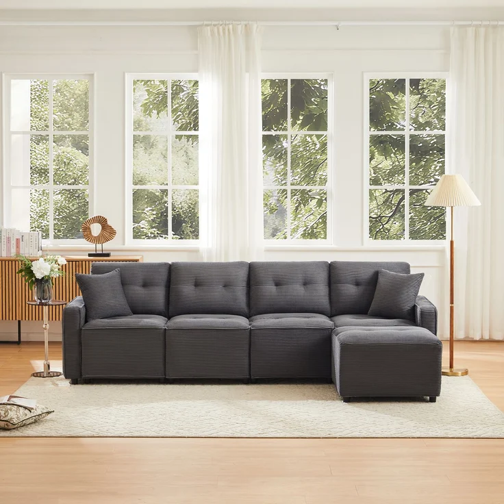 Merax 280cm Großes Sofa, 4-Sitzer Corduroy Sofa, mit Stauraum unter den Sitzflächen, inklusive eines frei platzierbaren Hockers, Grau – Bild 5
