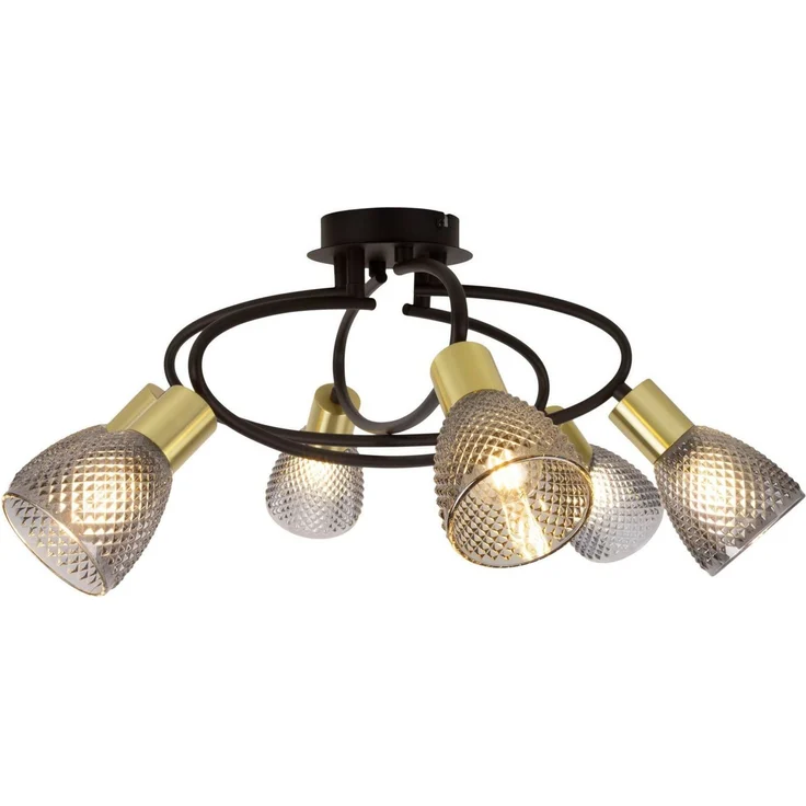 näve Deckenleuchte Lindita, ohne Leuchtmittel, 6er Spot, Relief-Glasschirm smokey, Gestell messing matt, 6x E14 exkl. – Bild 3