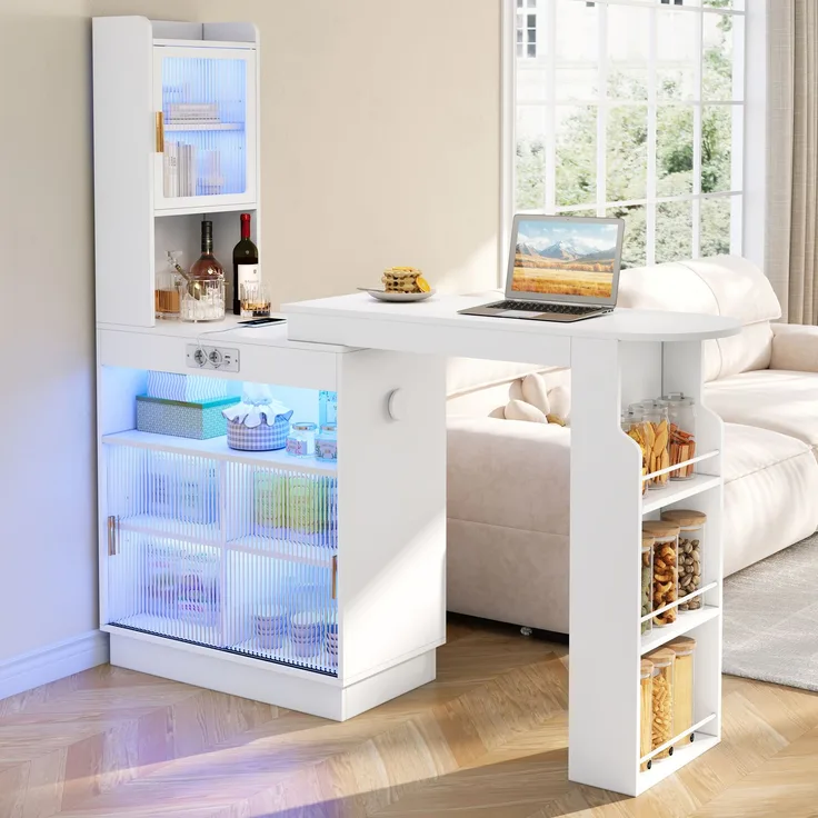 ZUBALIYA Küchenschrank mit Glastüren / Barschrank & Sideboard, mit ausziehbarer Bartisch & Stehtisch mit Stauraum und steckdose, Weiß, 131–170 x 40 x 170 cm, fürs Büro, mit LED, Samt