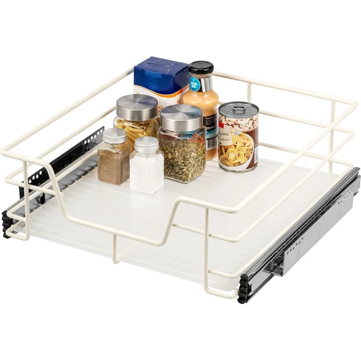 Teleskopschublade für 45 cm Schrank mit Einlegeboden, aus Metall, cremeweiß