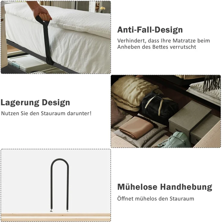 Polsterbett 160x200 mit Stauraum, Systembett Grau, LED & 2 Leselampen, 2 integr, Nachttische, USB Type-C Ladeport, Leinenstoff, inkl, Lattenrost, ohne Matratze – Bild 7
