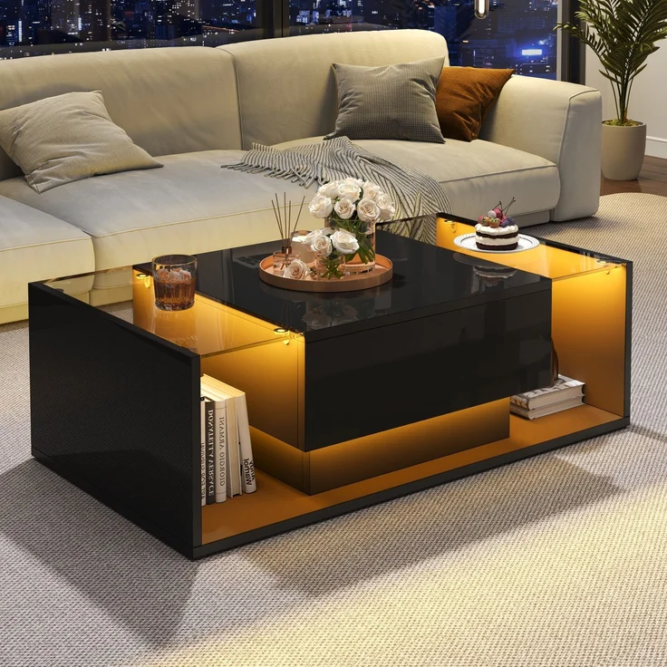 Quadratischer Couchtisch 100 x 50 x 31 cm, Hochglanz schwarz, gehärtetes Glas, 1 Schublade, halboffener Stauraum,mit LED-Lichtleiste – Bild 6